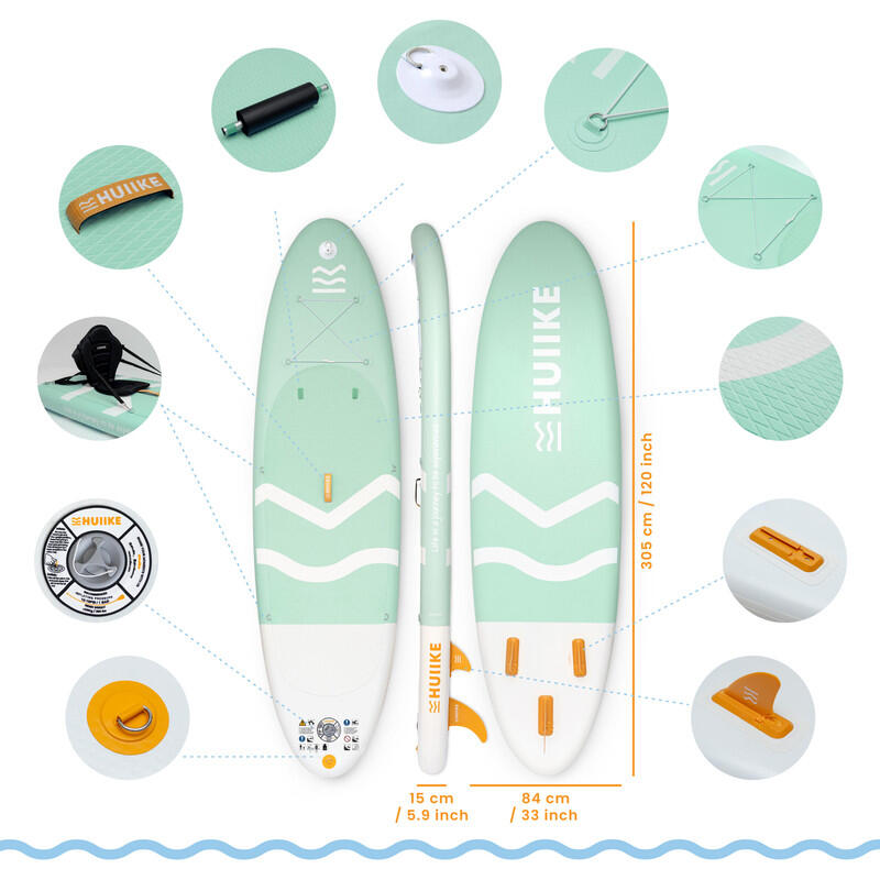 Tabla Paddle Surf Hinchable Accesorios Premium, HUIIKE, Verde, Gran Estabilidad
