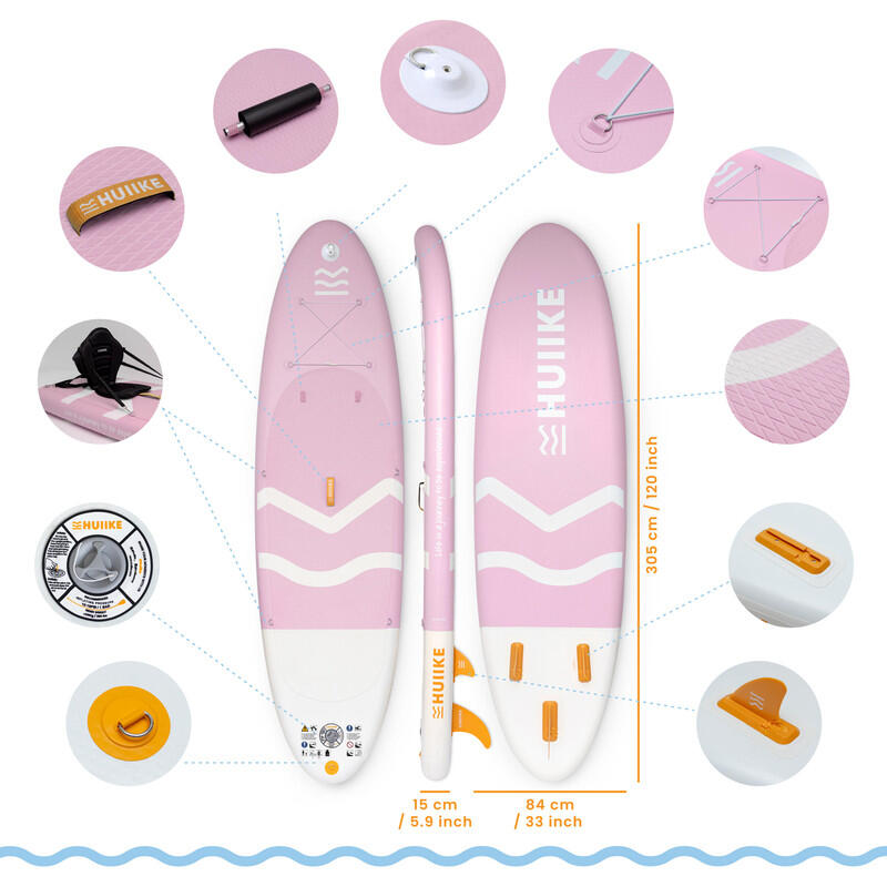 Tabla Paddle Surf Hinchable Accesorios Premium, HUIIKE, Rosa, Gran Estabilidad