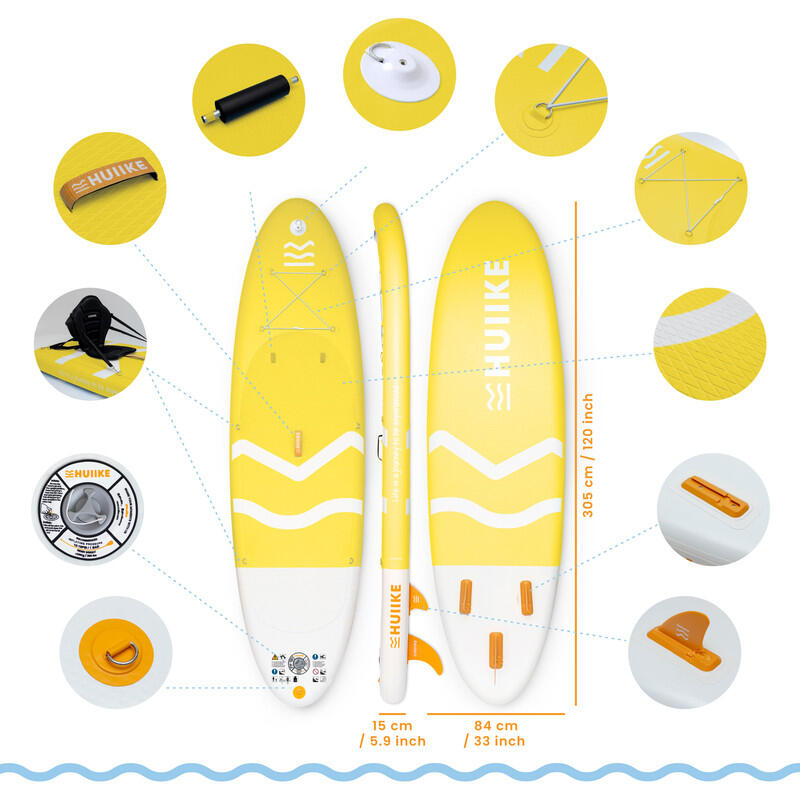 Opblaasbaar Supboard met premium accessoires, HUIIKE, Geel, Hoge Stabiliteit