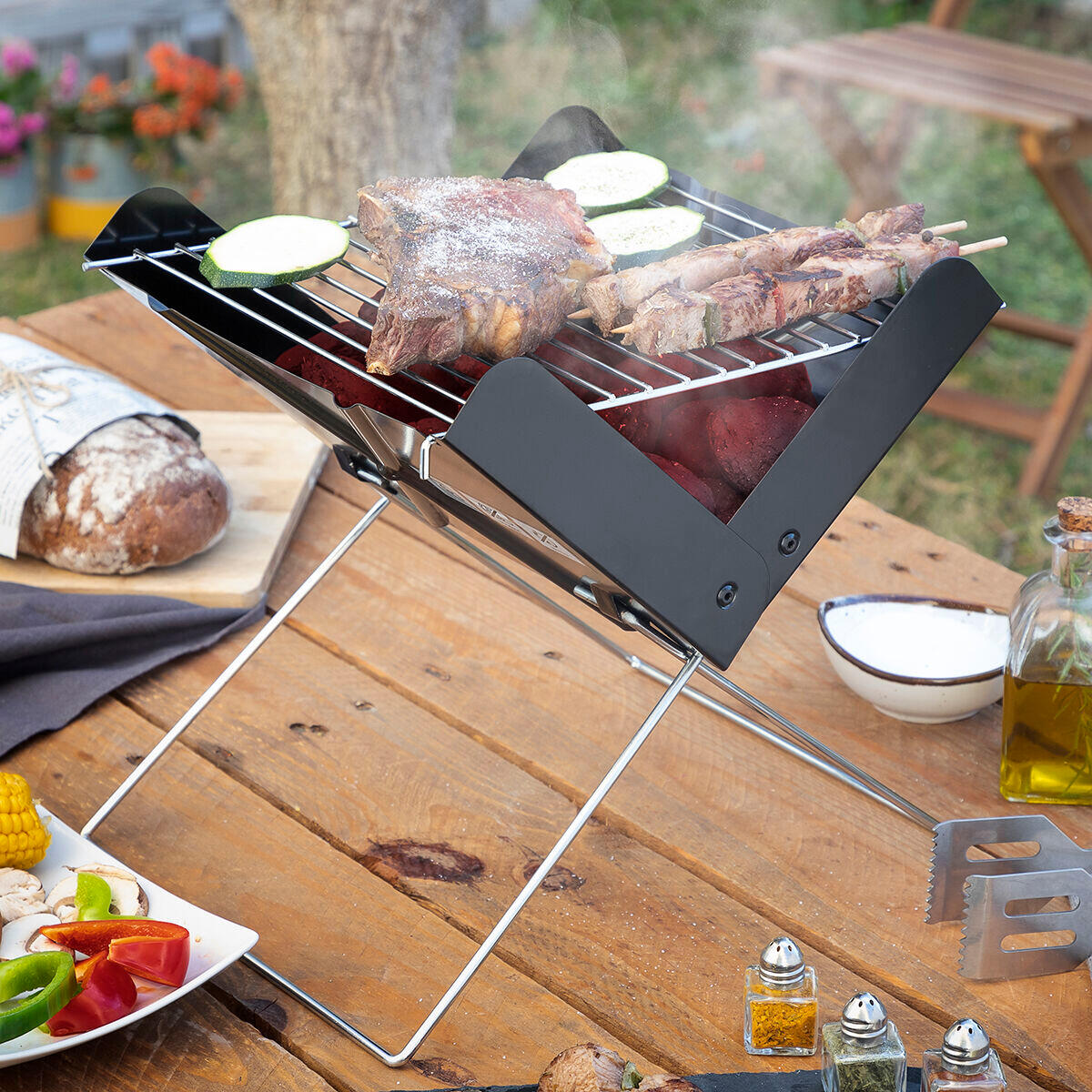 Odoland BBQ Fire Pit, Portable Campfire Pit, Foldable Camping Grill, 304 Stainless Steel Barbecue for Camping, Picnic, Patio, Garden with Carry Bag