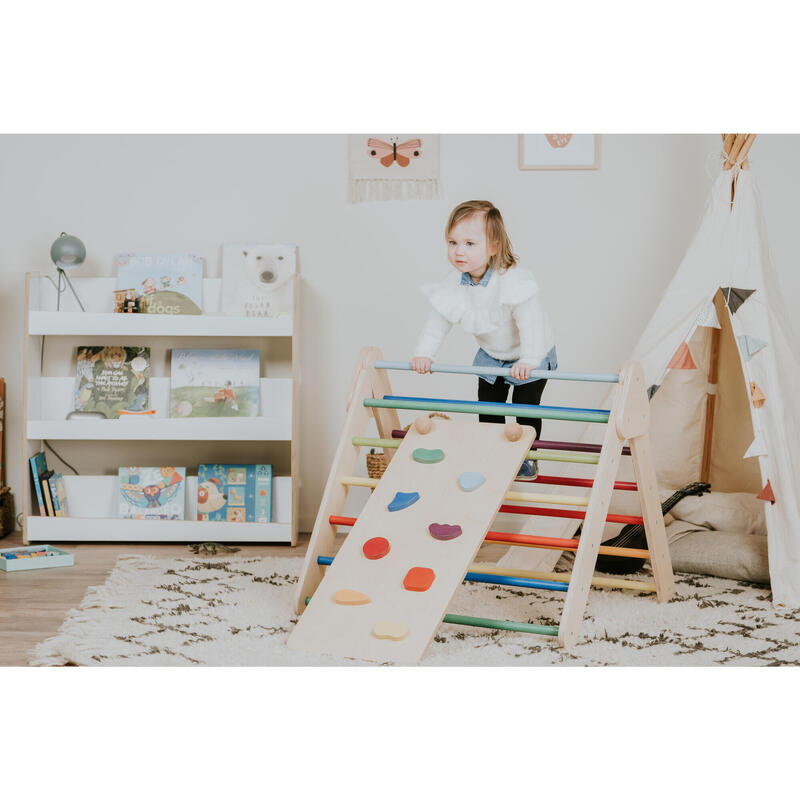 Klettergerüst mit Rampe und Rutsche Indoor, Kletterdreieck aus Holz, Bunt