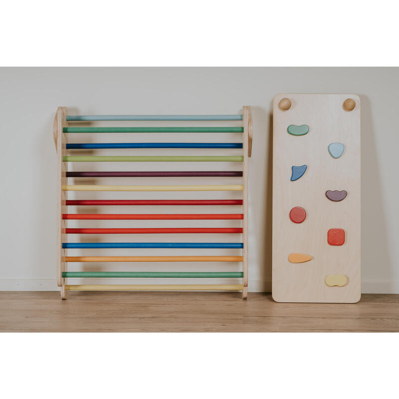 Kletterdreieck aus Holz mit Rampe/Rutsche, Bunt + Balance Board