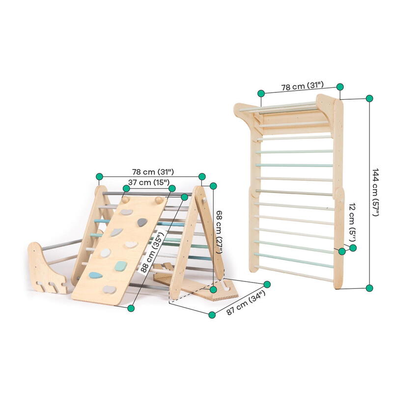 Triangolo di Pikler e  Barre da parete di faggio (scala svedese) 2in1, Pastello