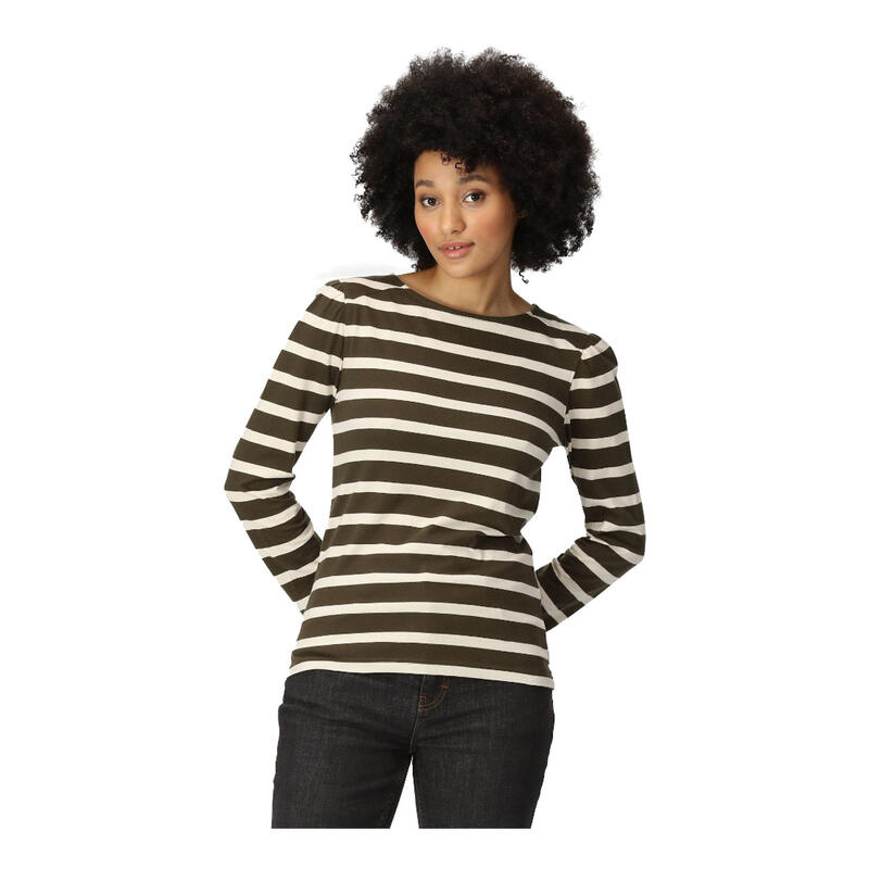 Dames Federica Stripe Tshirt met lange mouwen (Donkere kaki/lichte vanille)