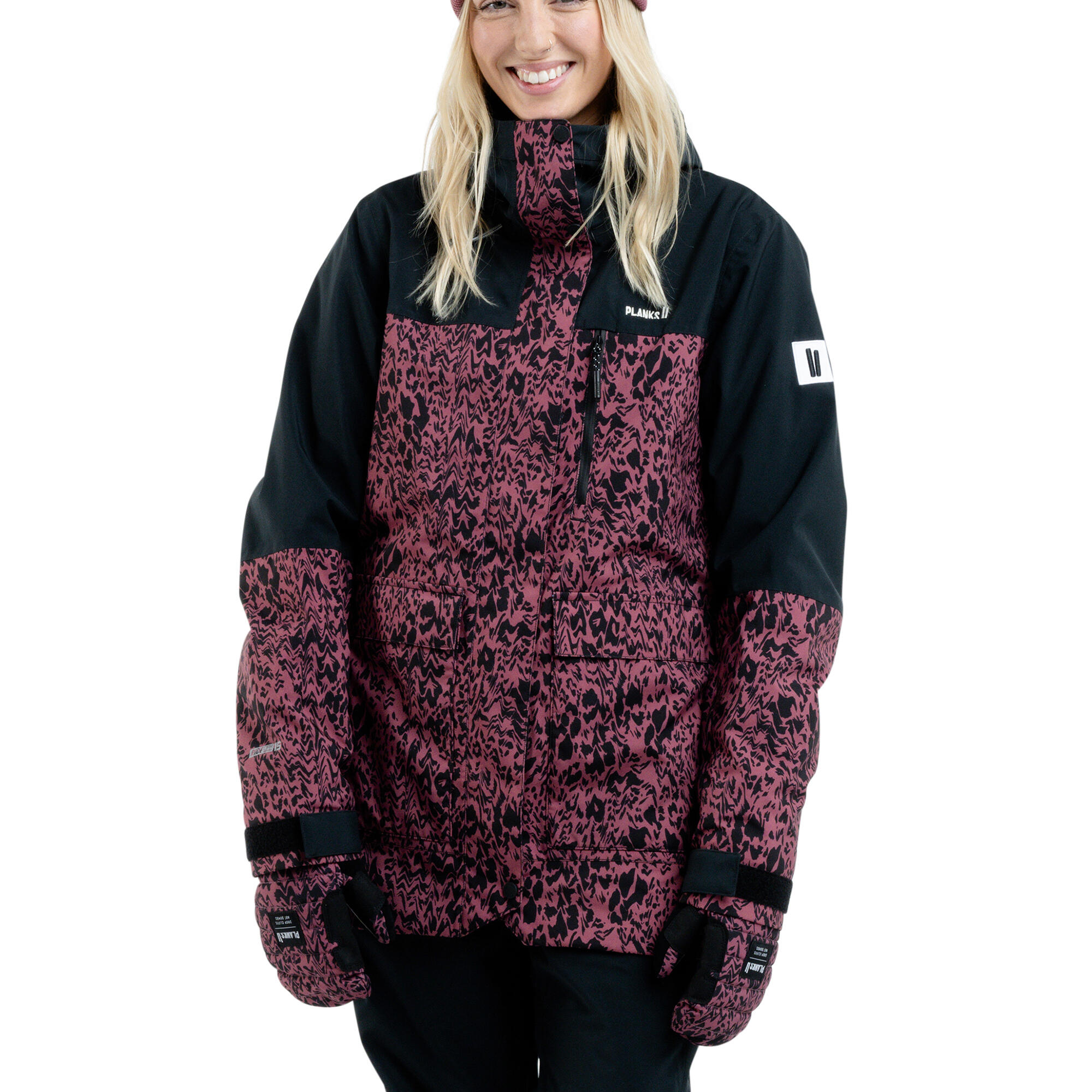 PLANKS Planks All-Time Women's Insulated Ski Jacket in Animal Clay Red Hooded Snow Coat