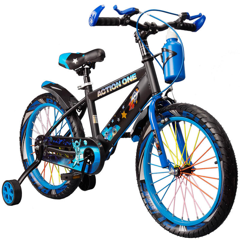 Bicicleta copii 6-8 ani cu roti ajutatoare si bidon apa Nova, 18 inch, albastru