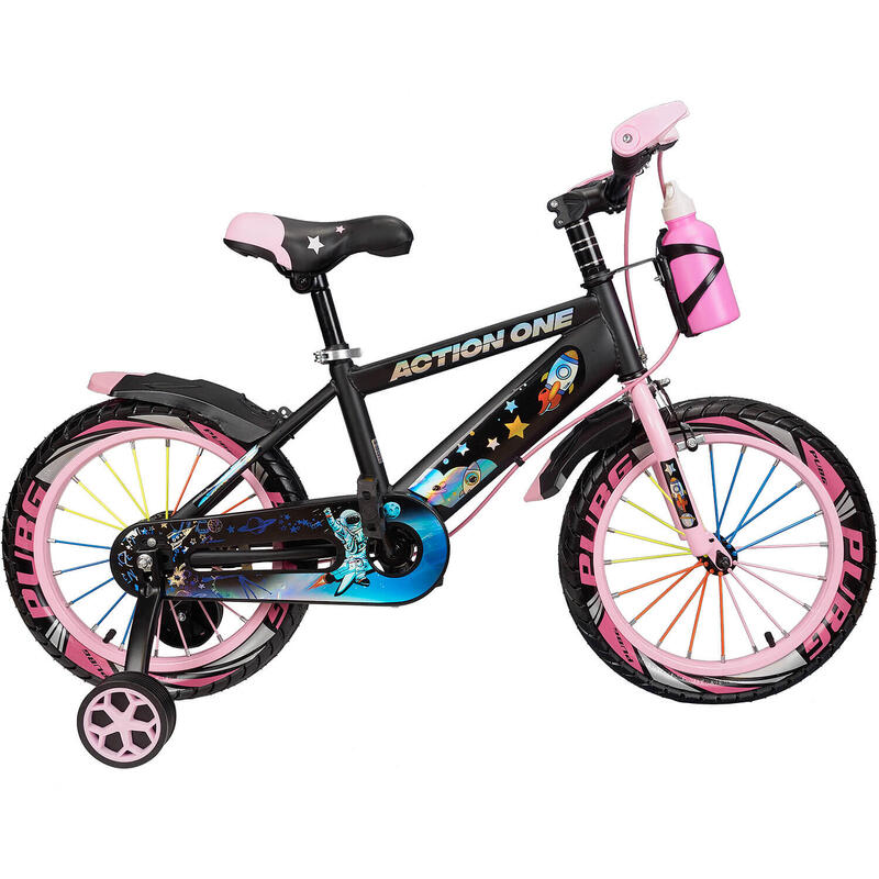 Bicicleta copii 5-7 ani cu roti ajutatoare si bidon apa Genesis II, 16 inch, roz