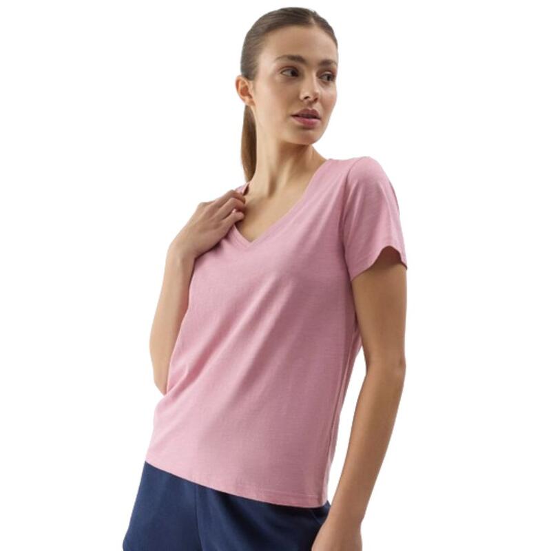 T-shirt com Decote em V de Fitness Mulher 4F. PINK TTSHF1162