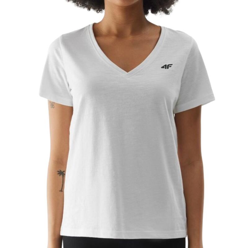 T-shirt com Decote em V de Fitness Mulher 4F. Branco TTSHF1162