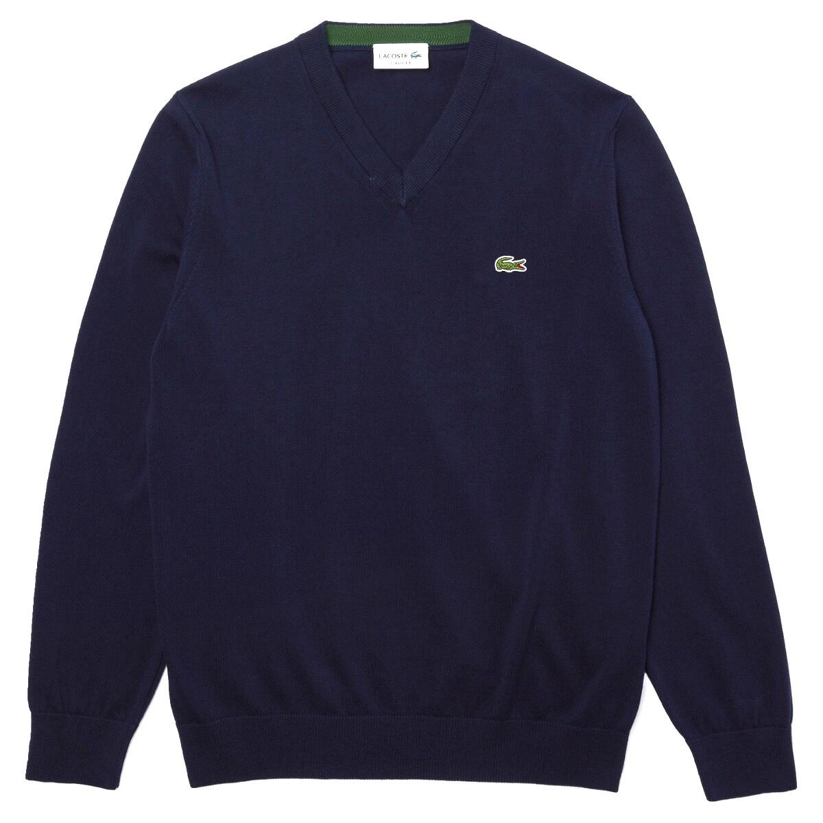 Pull en coton à col en V Lacoste, bleu foncé 2/7