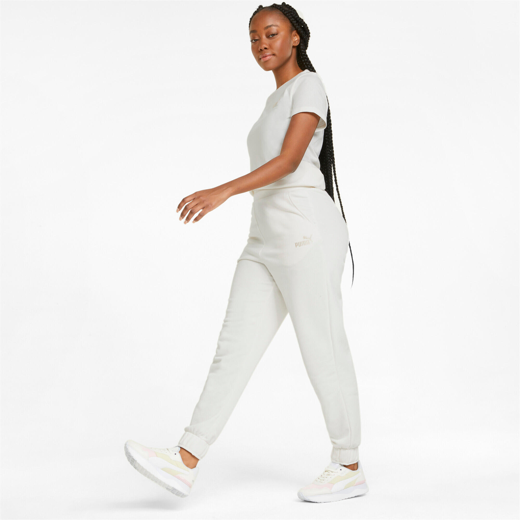 Calças universais para mulher Puma Ess Embroidery High-waist Pants Fl W 3/6