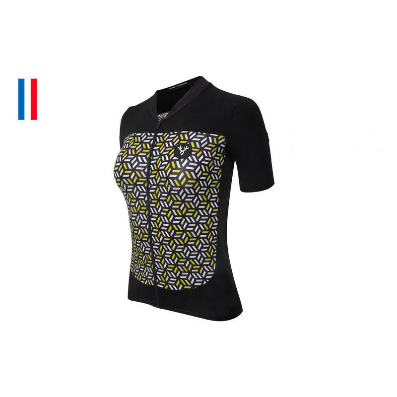 Maillot Manches Courtes Femme LeBram Croix de Fer Noir Jaune Coupe Ajustée