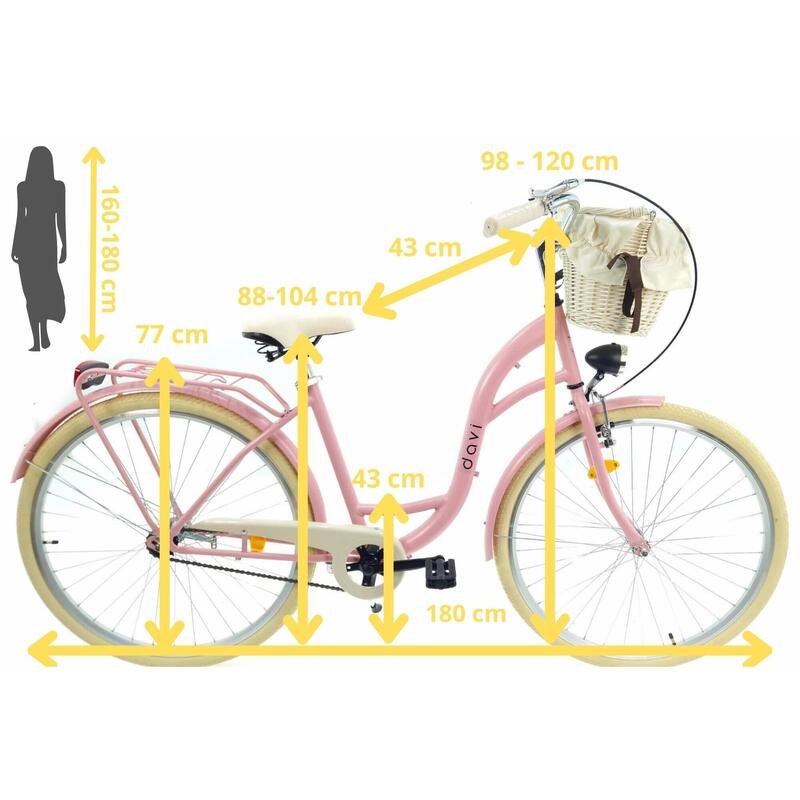 Bicicleta dama cu cos Davi® Lila 1 viteze Roata 28″, 160-185 cm, Roz