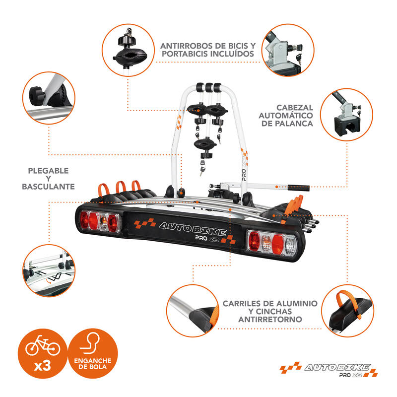Portabicicletas de bola AUTOBIKE PRO Z3 15kg/carril, 3bicis, plegable, antirrobo