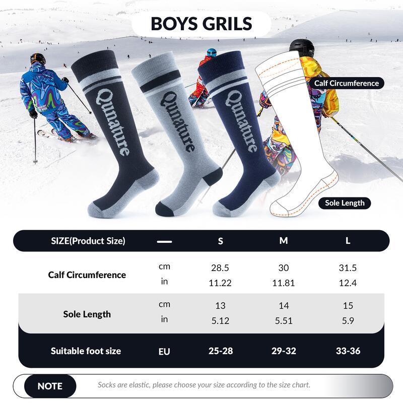 Chaussettes de Ski Enfant QUNATURE Laine Thermique Épais Hiver L Gris