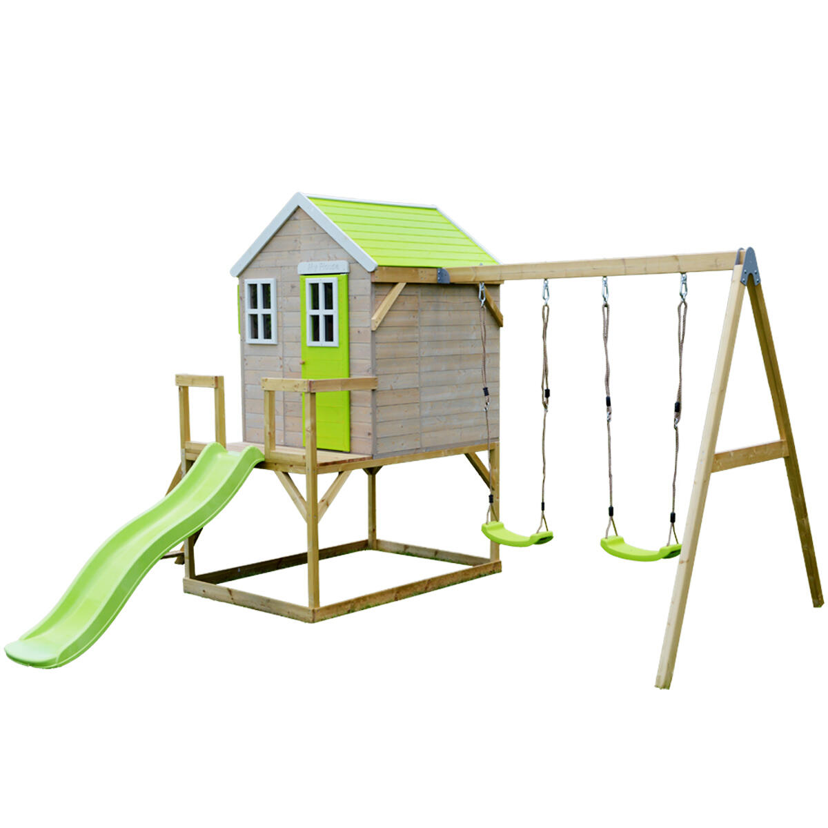 Tinni tuinspeelhuisje met platform, glijbaan en dubbele schommel 1/5