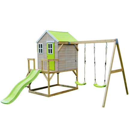 Maison de jardin enfant extérieure avec plateforme, toboggan et 2 balançoires