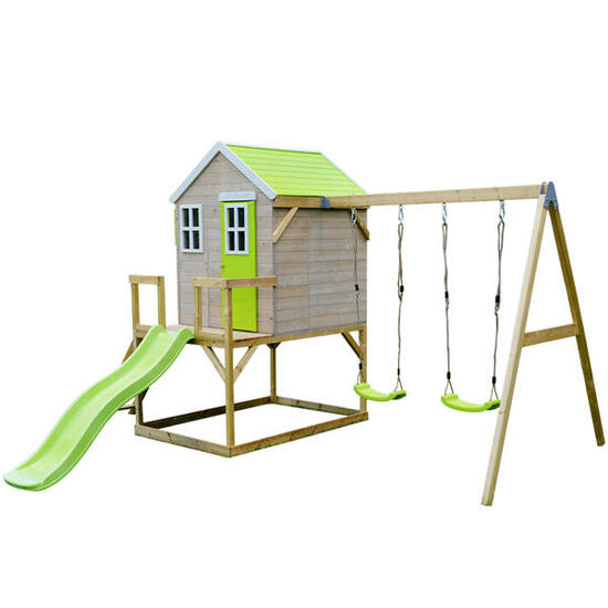 Maison de jardin enfant extérieure avec plateforme, toboggan et 2 balançoires