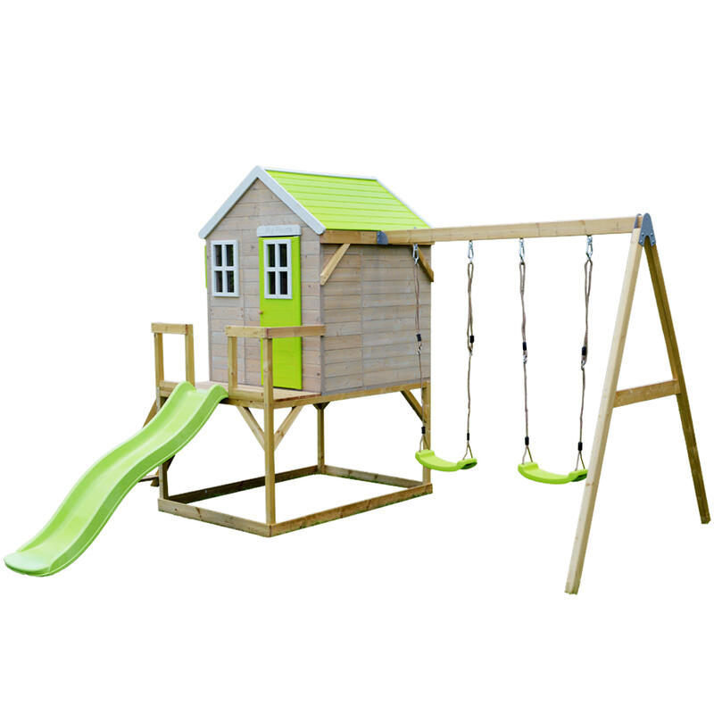 Maison de jardin enfant extérieure avec plateforme, toboggan et 2 balançoires