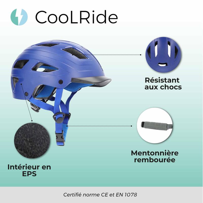 Casque vélo adulte avec LED 55-58 cm Multisport Bleu avec visère intégrée