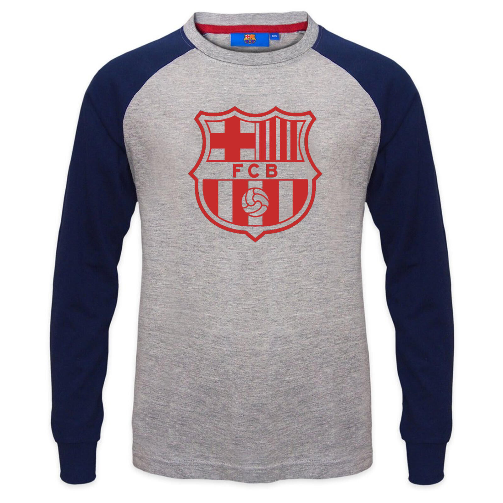 FC BARCELONA FC Barcelona Boys T-Shirt Long Sleeve Crest Raglan Kids OFFICIAL Football Gift