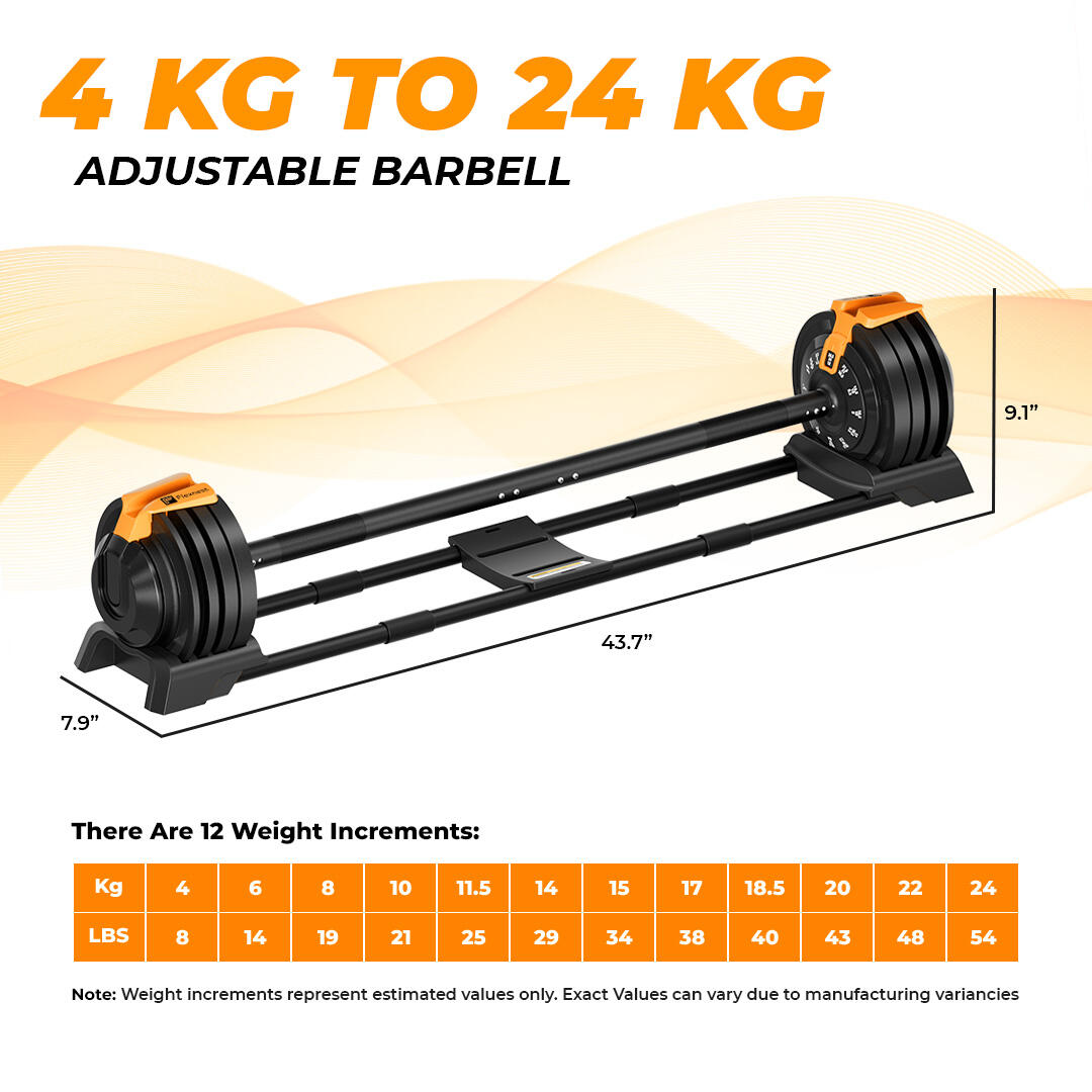 Flexnest 4kgs-24kgs Adjustable Barbell Weightlifting Bar with 4 Pairs Free Weight Plates