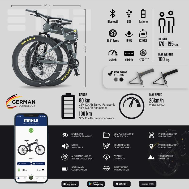 Bicicleta eléctrica MTB plegable 27.5" Smartbike - Legend Etna 10.4Ah Negro