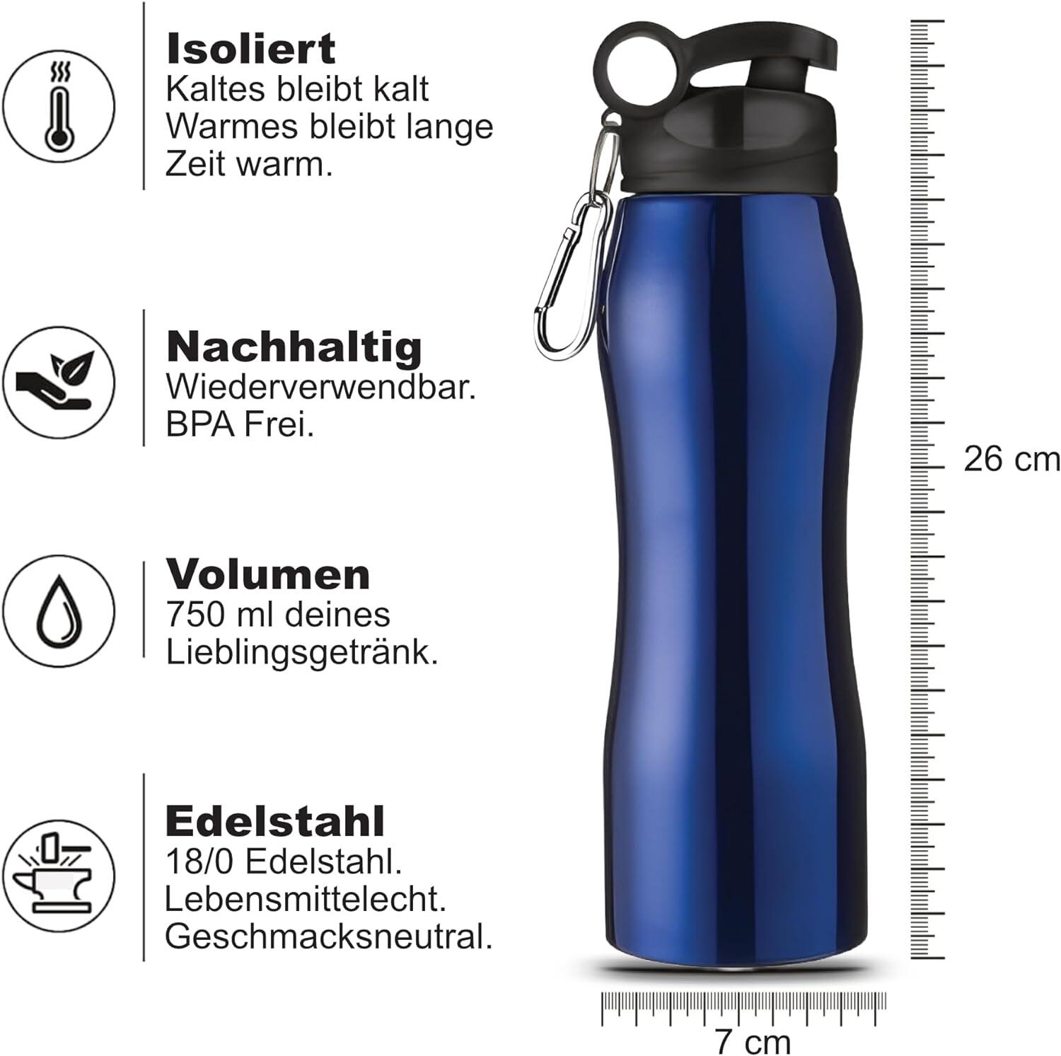 Edelstahl Trinkflasche 750 ml Doppelwandig Isoliert Flasche Auslaufsicher Blau 4/6
