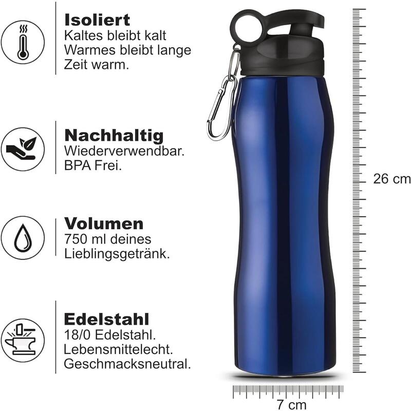 Edelstahl Trinkflasche 750 ml Doppelwandig Isoliert Flasche Auslaufsicher Blau