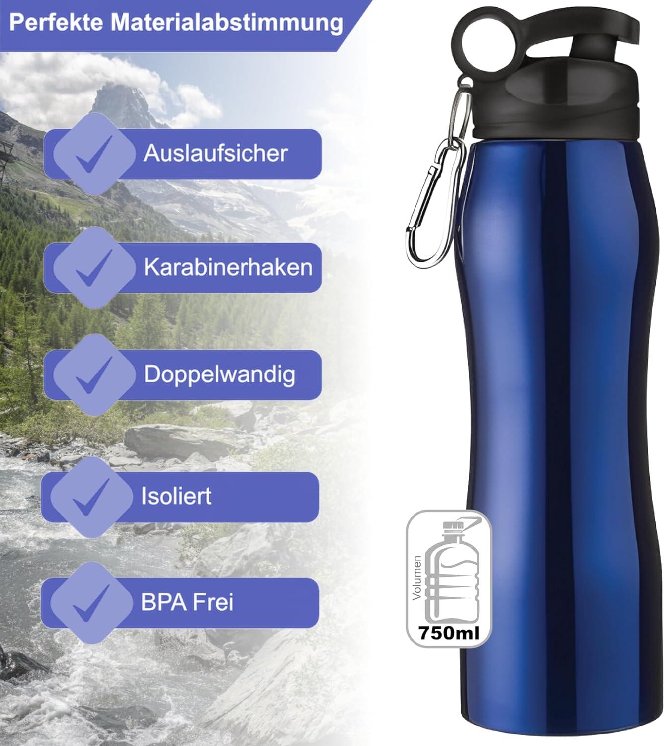 Edelstahl Trinkflasche 750 ml Doppelwandig Isoliert Flasche Auslaufsicher Blau 6/6