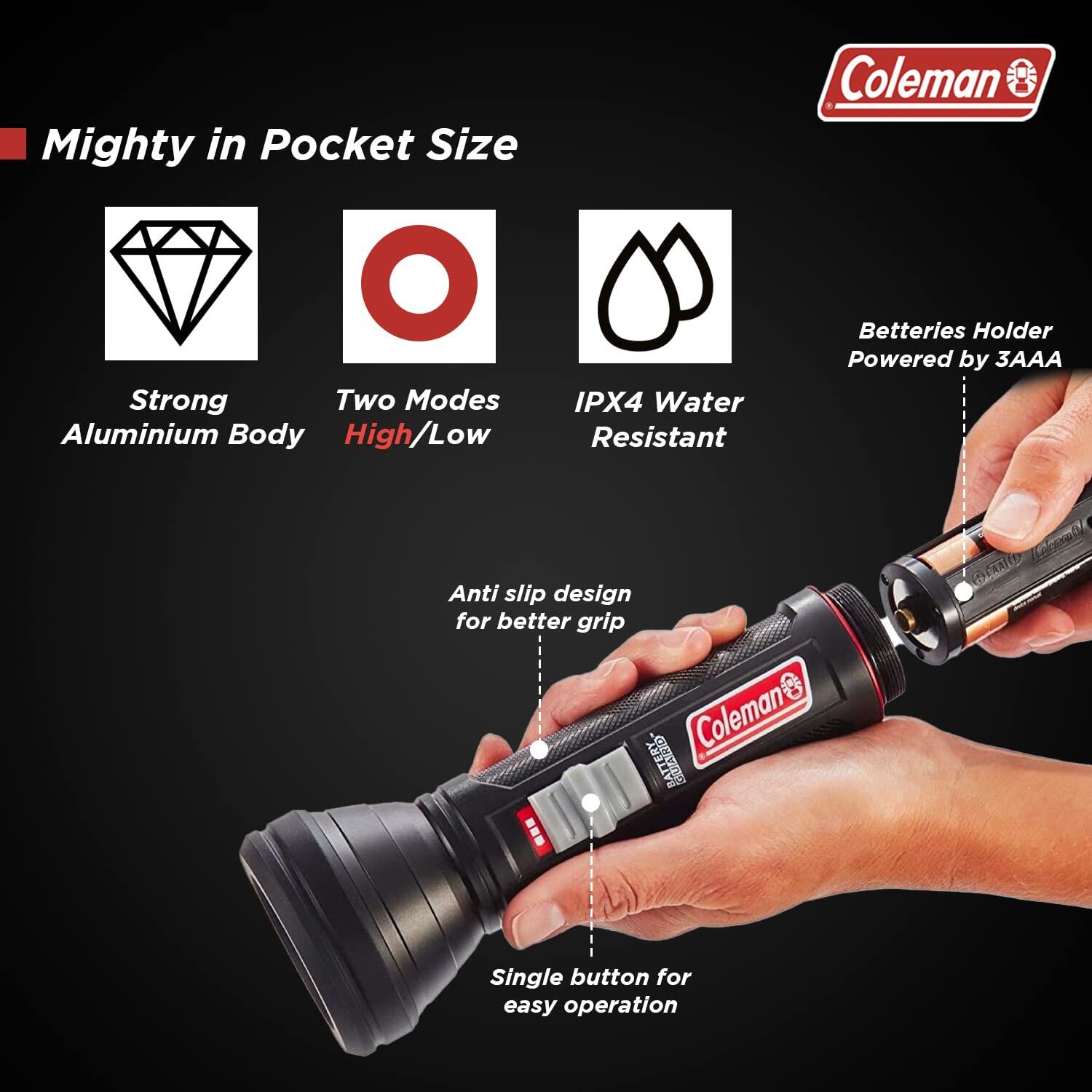 Coleman BatteryGuard 325 Lumens LED Aluminium Flashlight, Black