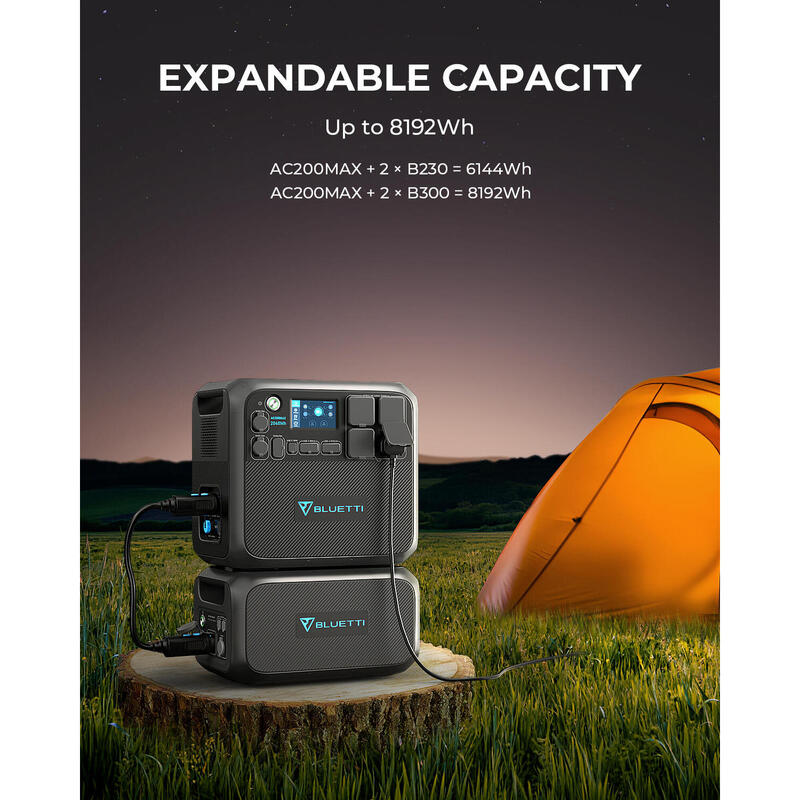 Générateur Électrique BLUETTI 2048Wh/2200W AC200MAX+PV200 200W pour Camping