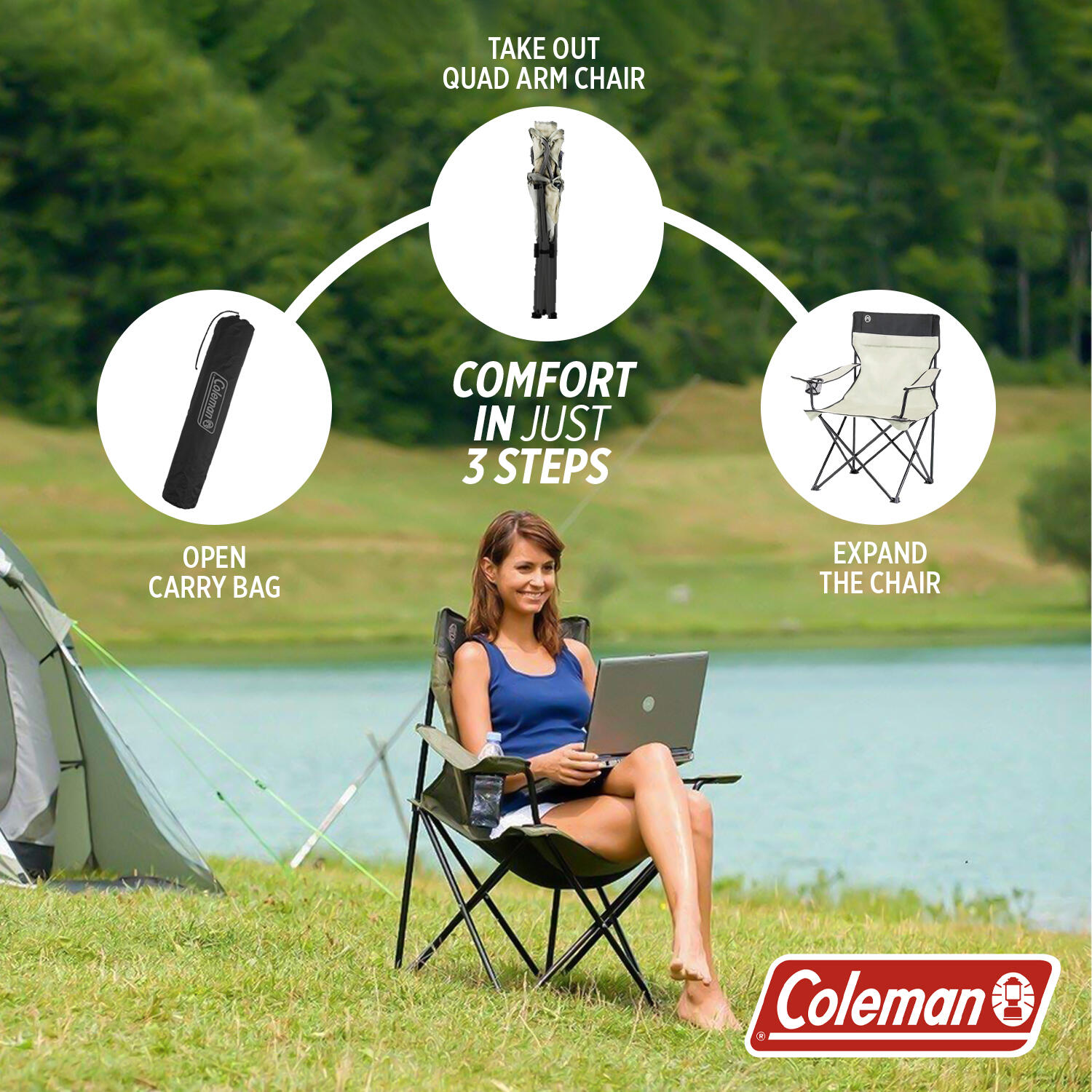 Foldable Camping Standard Quad Armchair with Integrated Mesh Cup Holder, Khaki