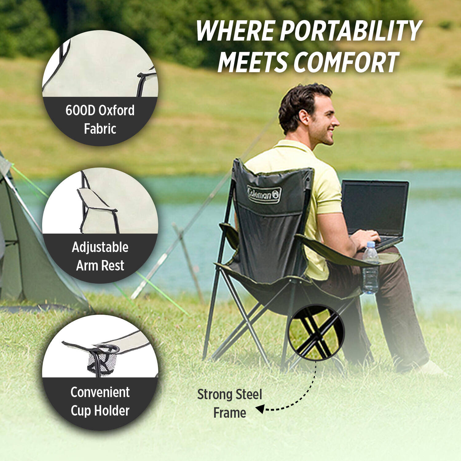 Foldable Camping Standard Quad Armchair with Integrated Mesh Cup Holder, Khaki -  4