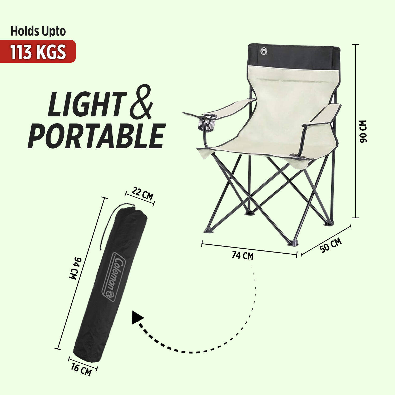 Foldable Camping Standard Quad Armchair with Integrated Mesh Cup Holder, Khaki -  2