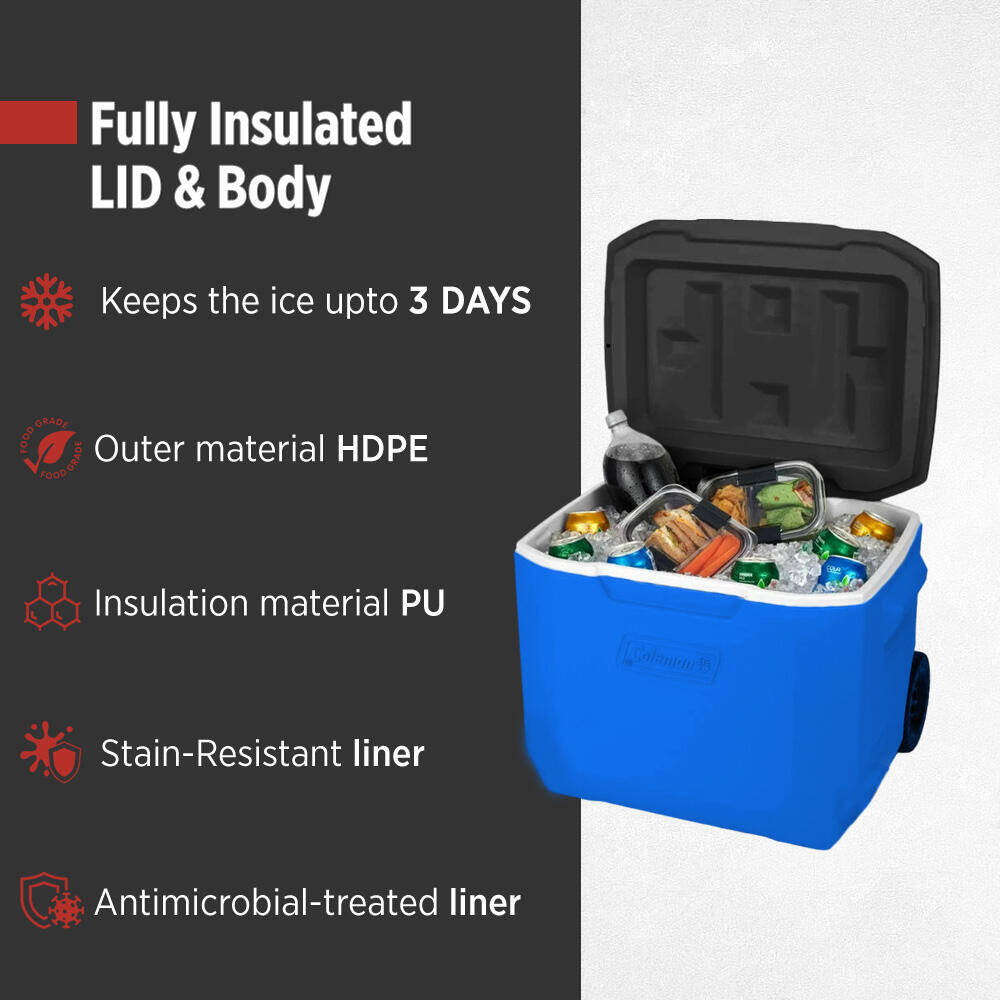 60QT Performance Wheeled Ice Cooler Box, Capacity - 56.7 Litres with Ice Retention Upto 4 Days, Blue -  3