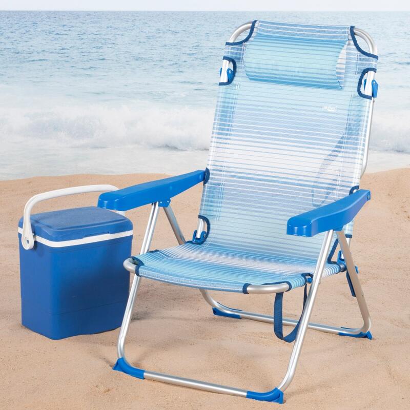 Aktive Silla de playa plegable y reclinable 5 posiciones rayas azul c/cojín