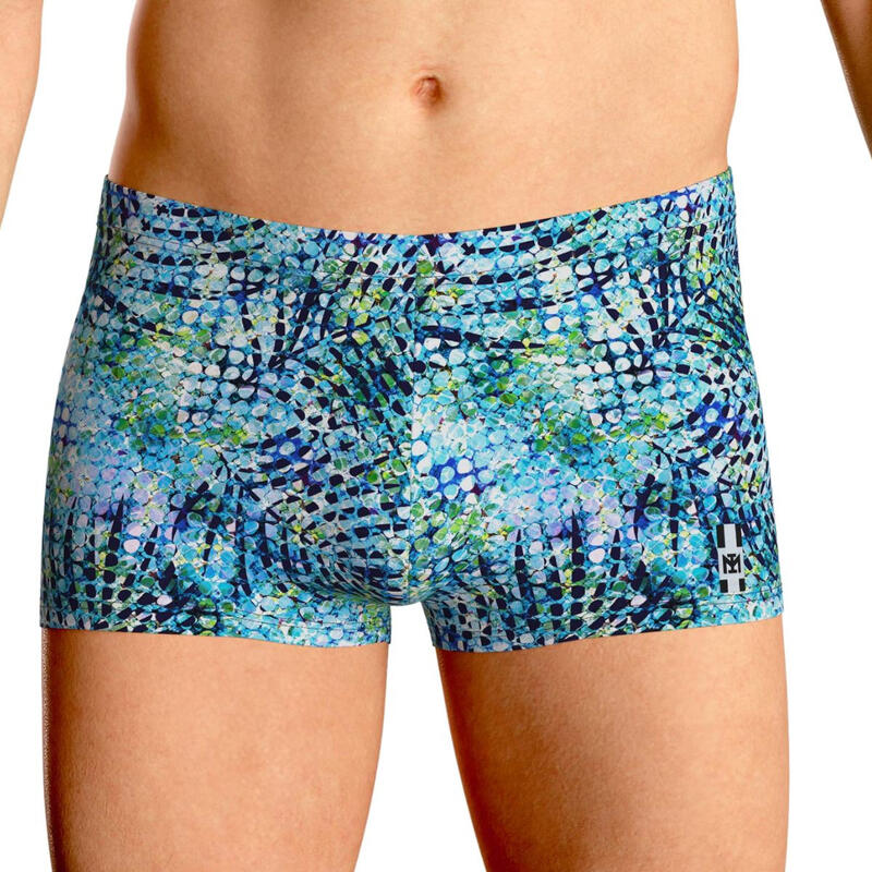 Pantaloncini da bagno da uomo in blu con stampa astratta tropicale