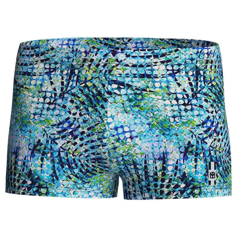 Pantaloncini da bagno da uomo in blu con stampa astratta tropicale