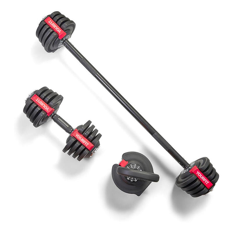 KIT 3 EN 1 BAR/HALTERES/KETTLEBELL (20Kg)