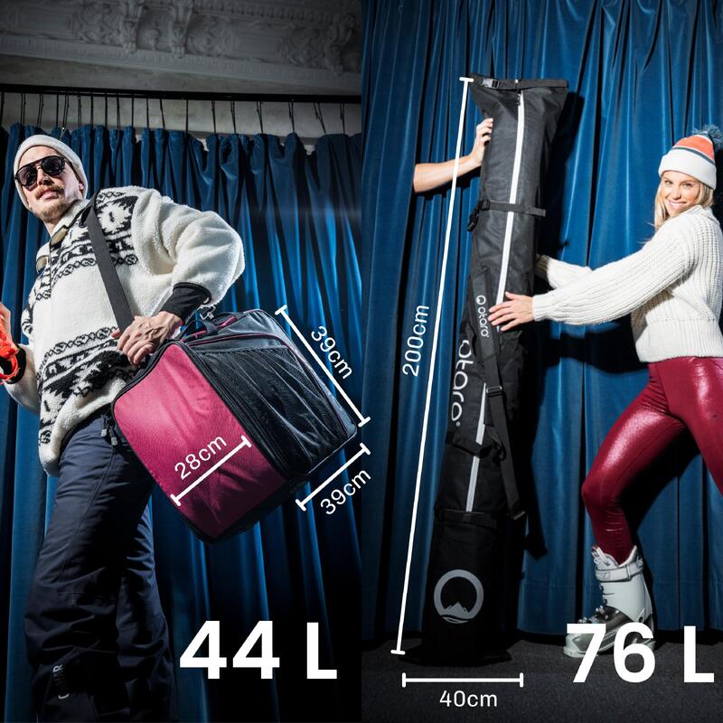 Ski -douchebas klassiek 44L + 200 cm skiën voor 1 paar | Stel Bordeaux rood in