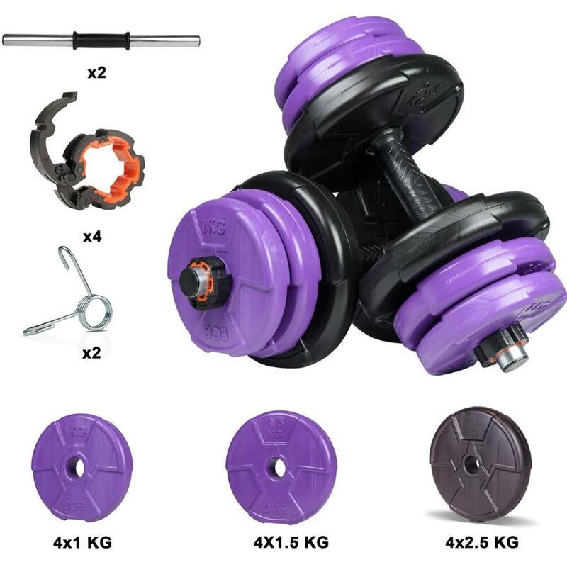 Set gantere reglabile de 20 KG cu 2 bare de 45 cm lungime, negru violet
