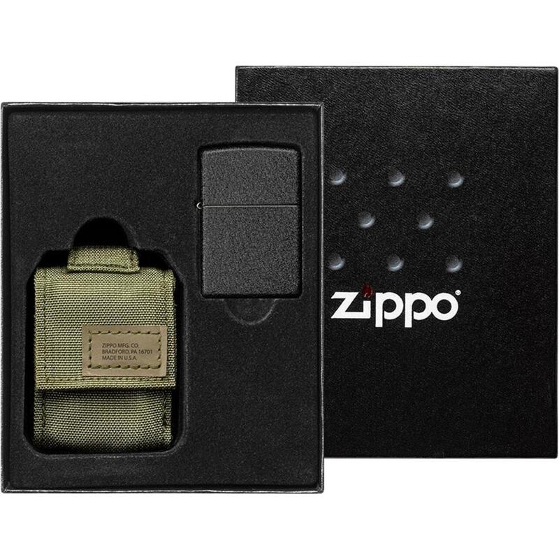 ZIPPO Benzinfeuerzeug "Black Crackle" in schwarz mit Nylon Pouch grün