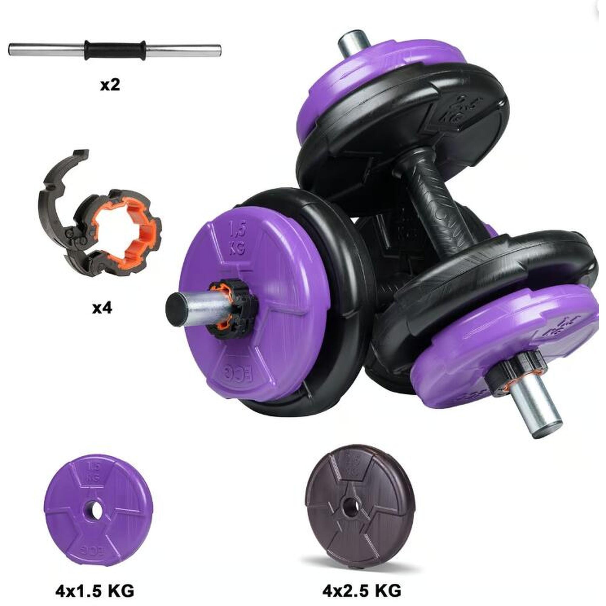 Set gantere reglabile de 16 KG cu 2 bare de 45 cm lungime, negru violet