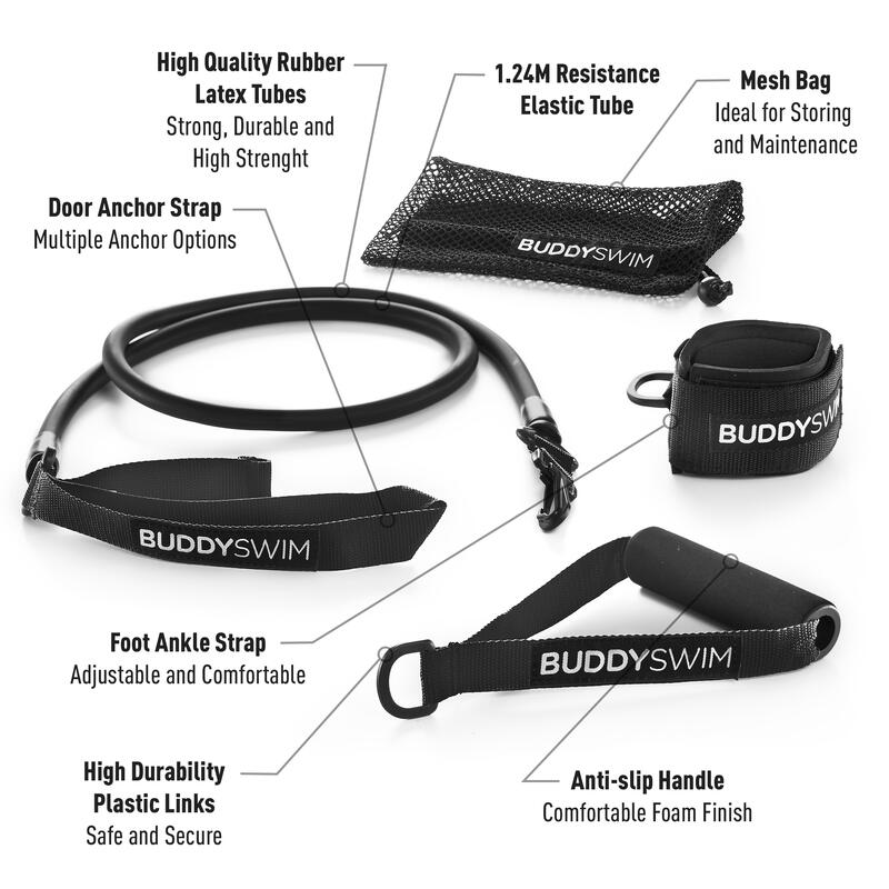 Gomas de Resistencia Maneta y Tobillera Intercambiables Buddyswim X-Heavy Negro