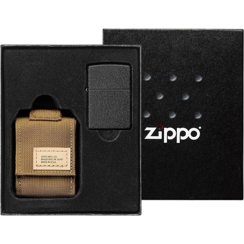 ZIPPO Benzinfeuerzeug "Black Crackle" in schwarz mit Nylon Pouch tan