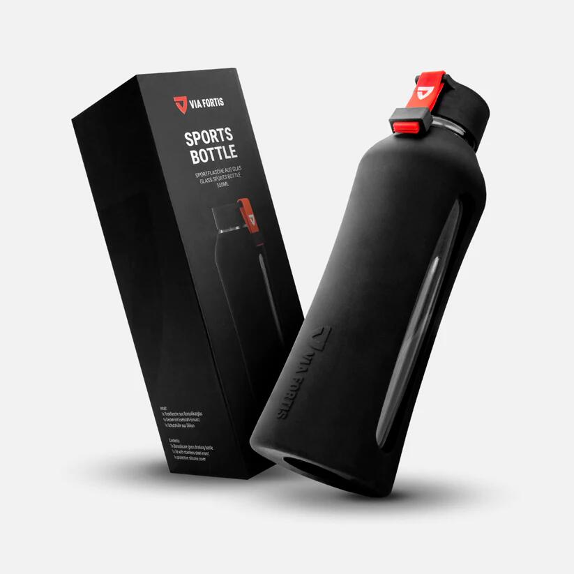 VIA FORTIS Glazen drinkfles met siliconen, BPA-vrij – voor fitness, fiets en kantoor