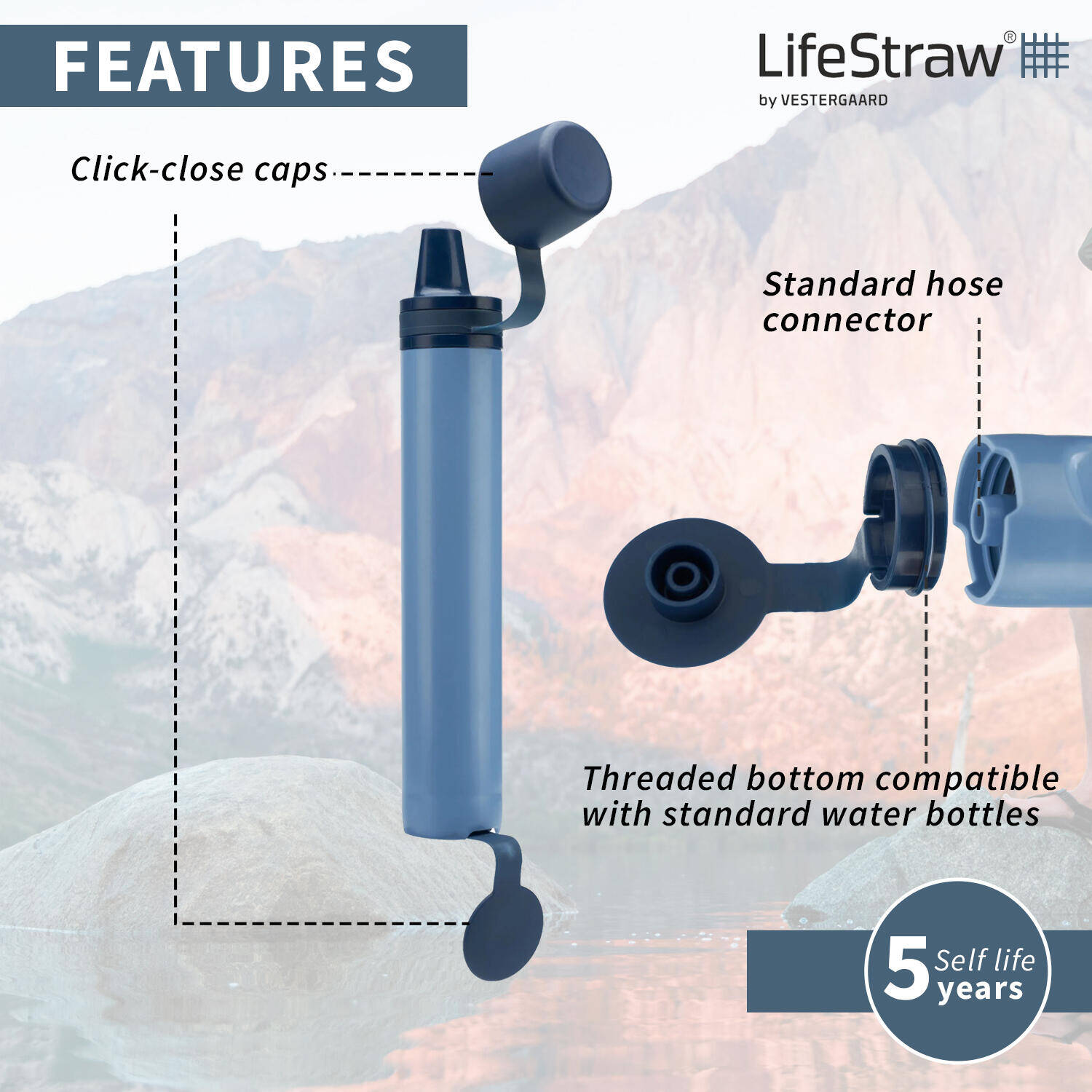 Peak Series Personal Water Filter Straw for Hiking, Camping, Travel, and Emergency Preparedness, Blue -  3