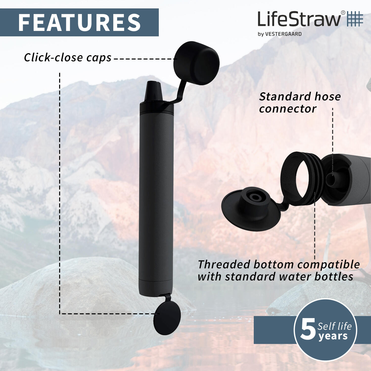 Peak Series Personal Water Filter Straw for Hiking, Camping, Travel, and Emergency Preparedness, Grey