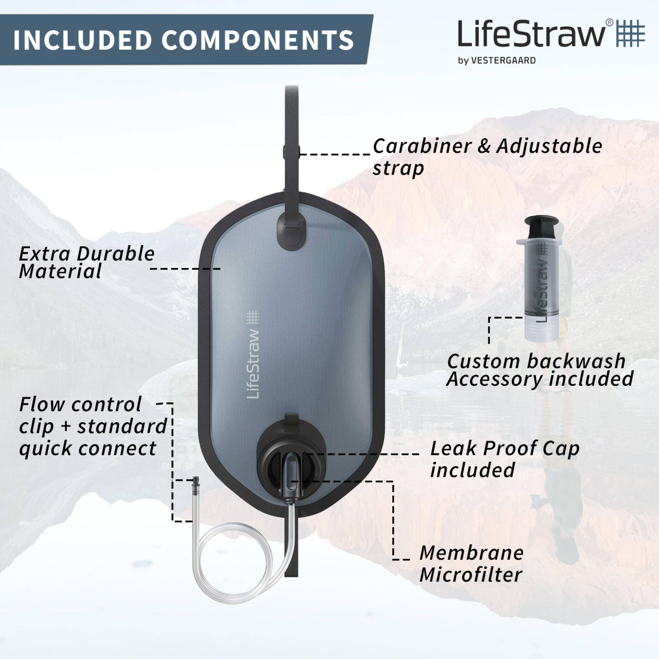 Peak Series 8L Capacity Gravity Water Filtration System for Hiking, Camping, Travel, and Emergency Preparedness, Mountain Blue -  3